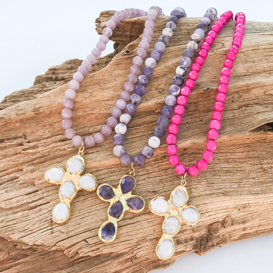 Gemstone Cross on 8mm Gemstone Necklace