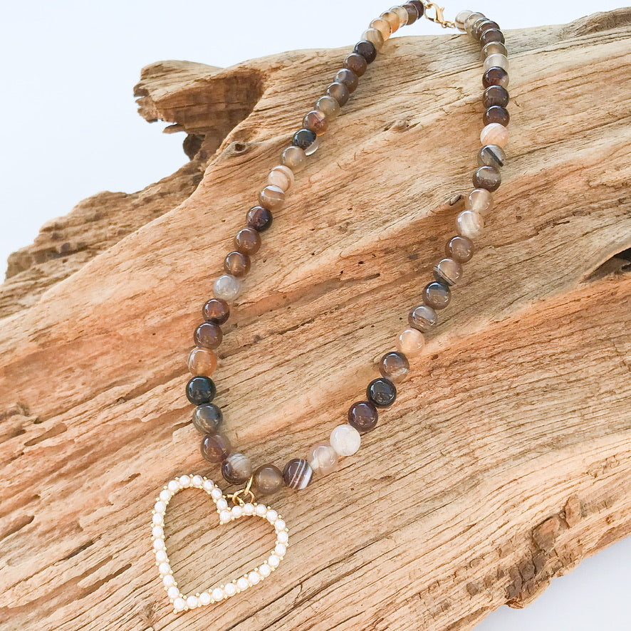 8mm Gemstone Necklace with Pearl Heart