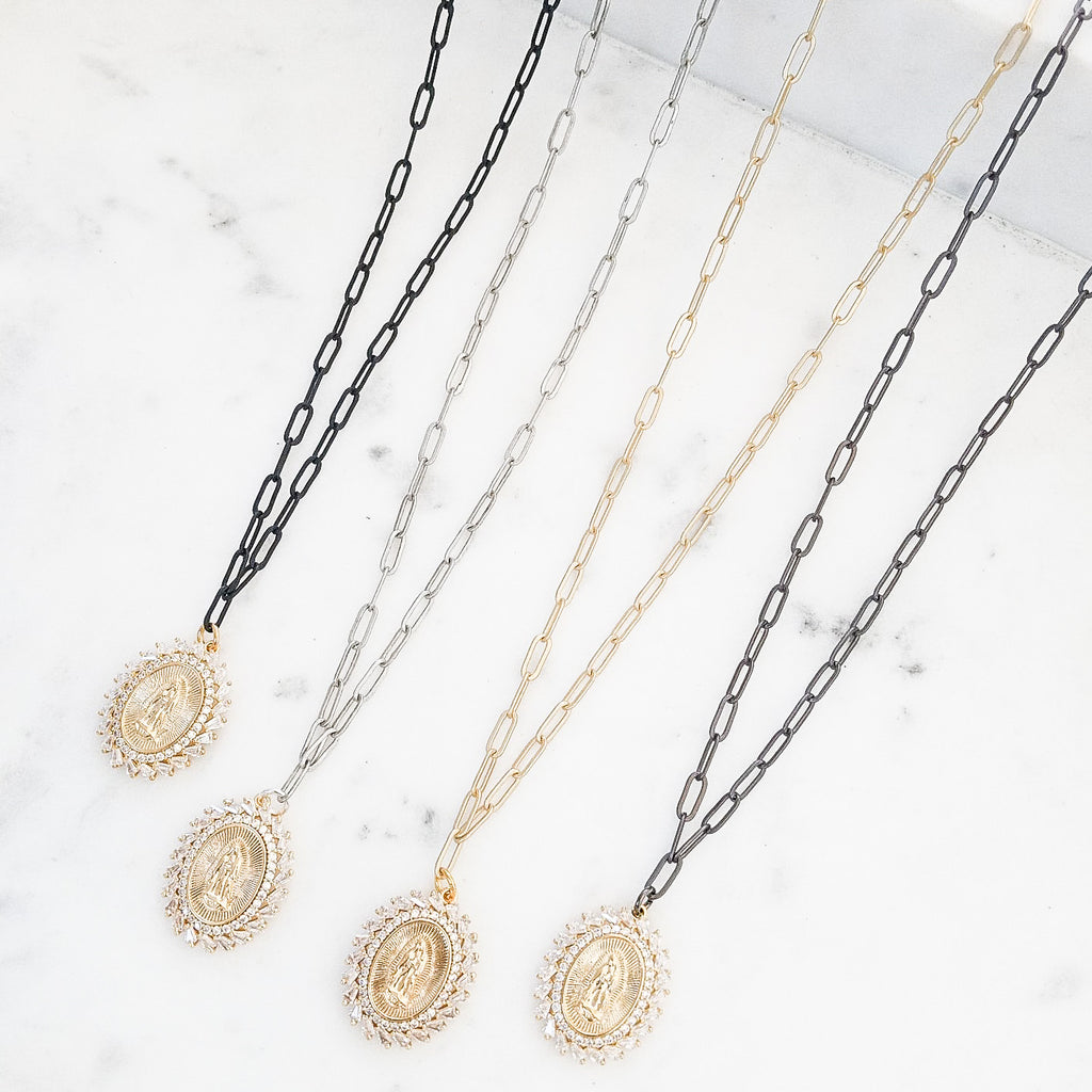 16” Paperclip Chain w/ Rhinestone Mary
