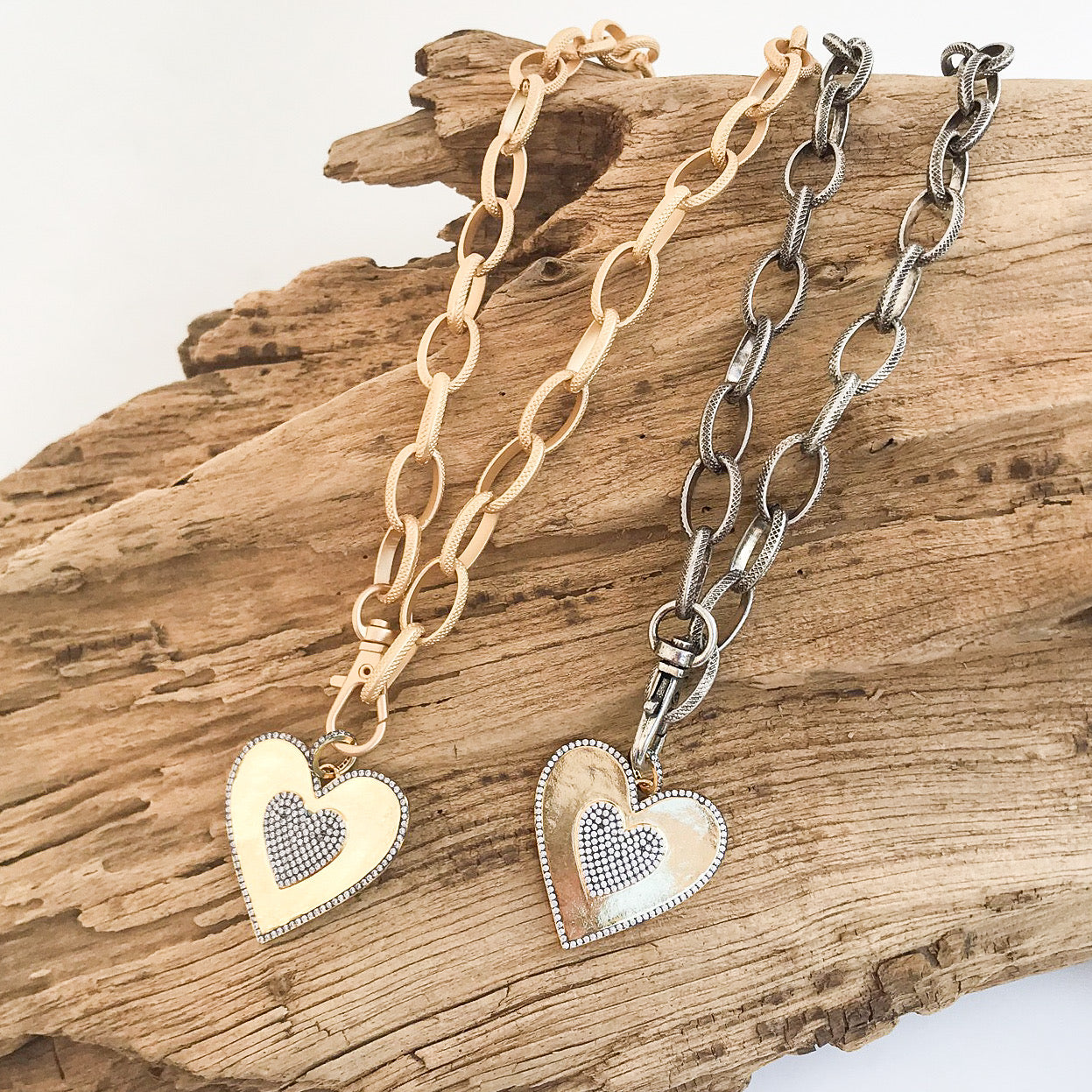 Etched Chain Metal Heart Pave Center