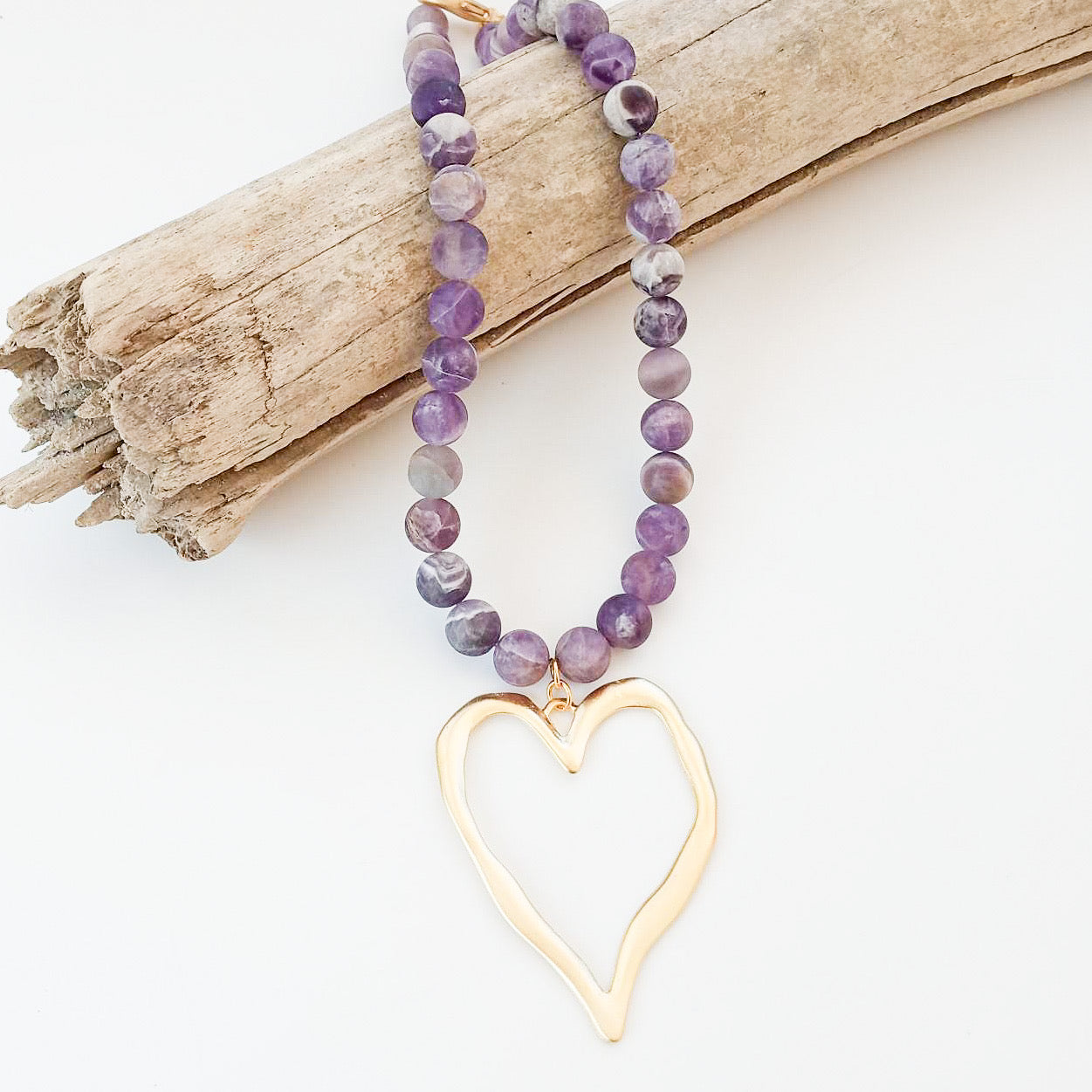 Gemstone Beaded Necklace w/ XL Heart