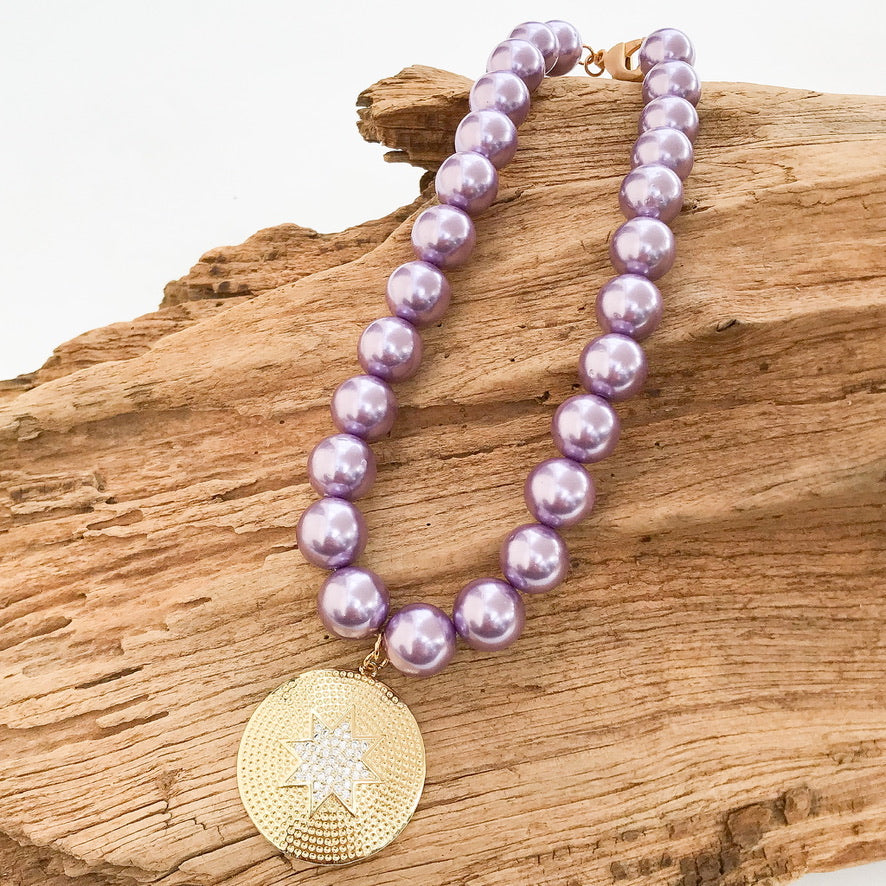 Starburst CZ Pendant on Jumbo Pearl Necklace
