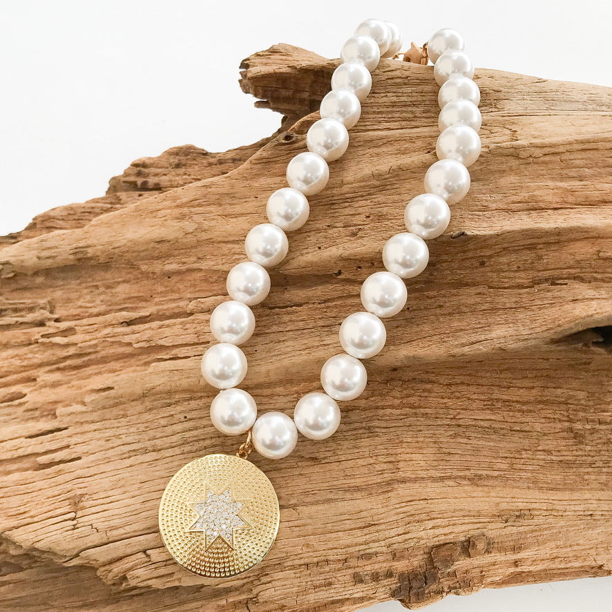 Starburst CZ Pendant on Jumbo Pearl Necklace