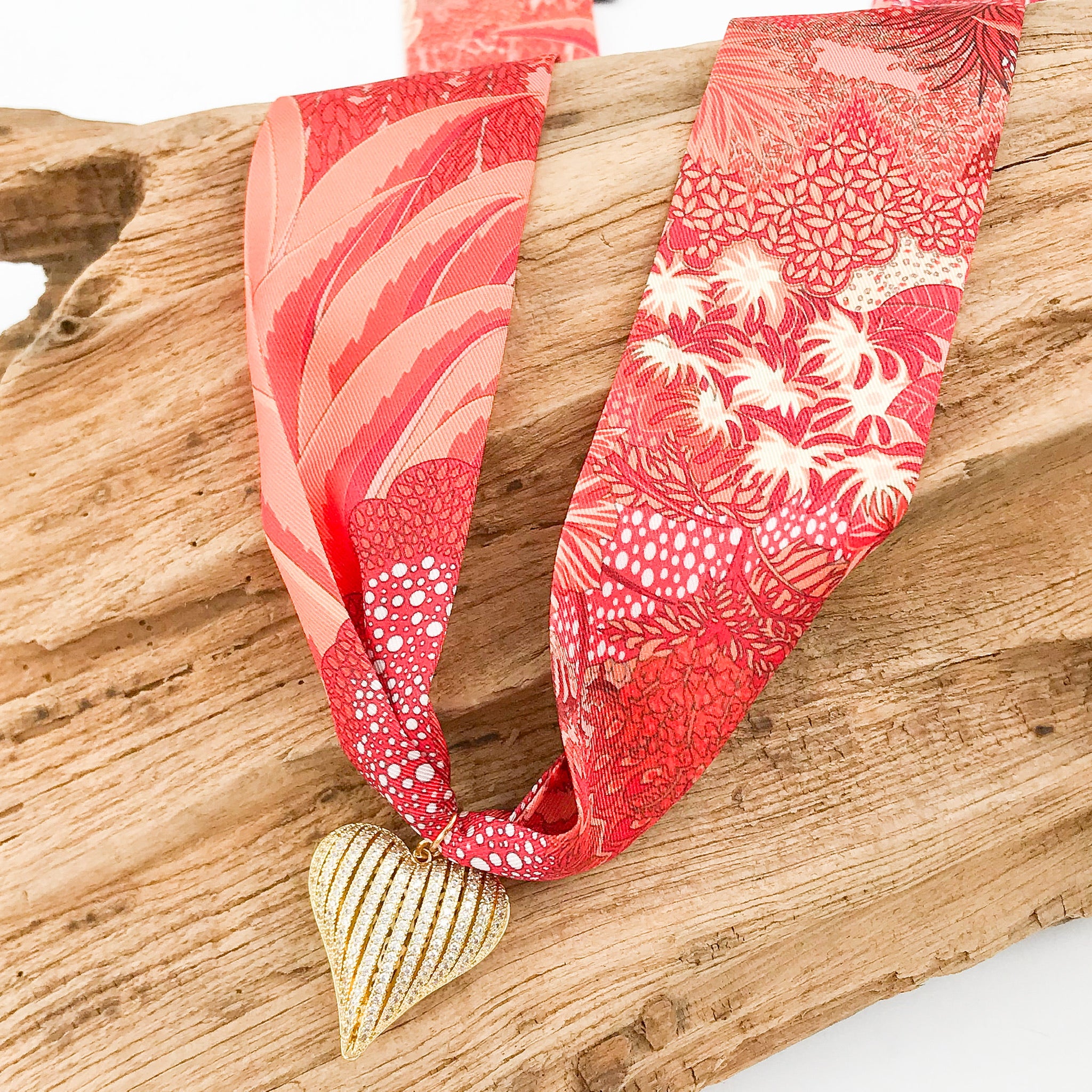 Ribbon CZ Heart On Scarf Necklace