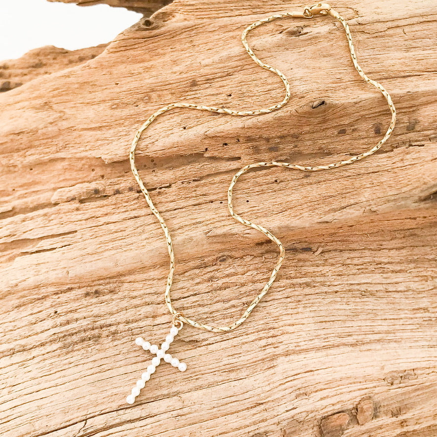 Micro Pearl Cross on Petite Rope Chain