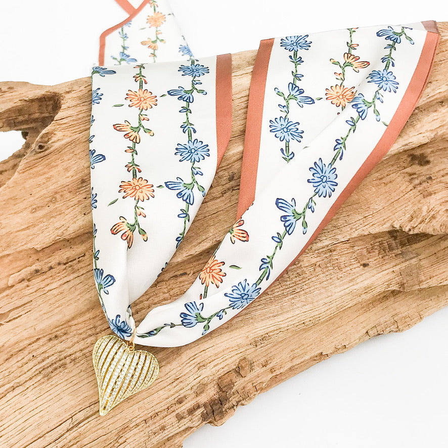 Ribbon CZ Heart On Scarf Necklace
