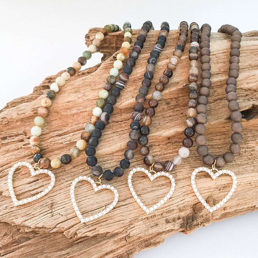 8mm Gemstone Necklace with Pearl Heart