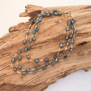 Pearl Bezel Rosary Triple Layer Statement Necklace