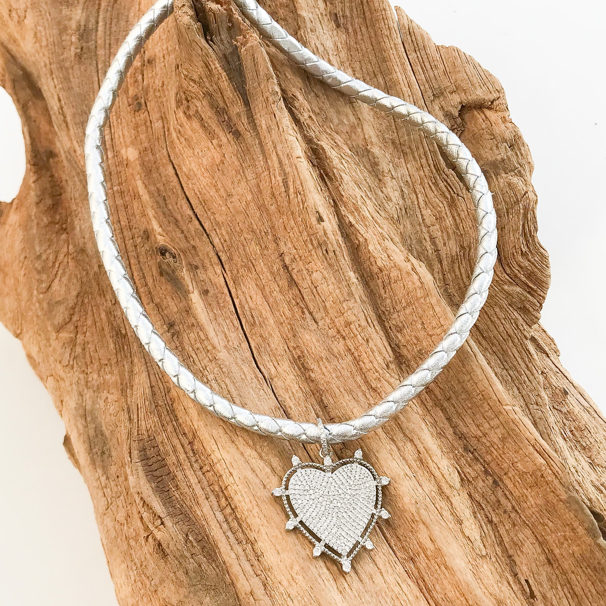 Rhinestone Studded Heart on Leather Necklace