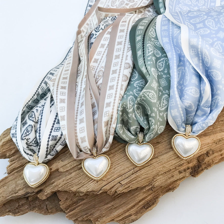 Puff Pearl Heart on Scarf Necklace