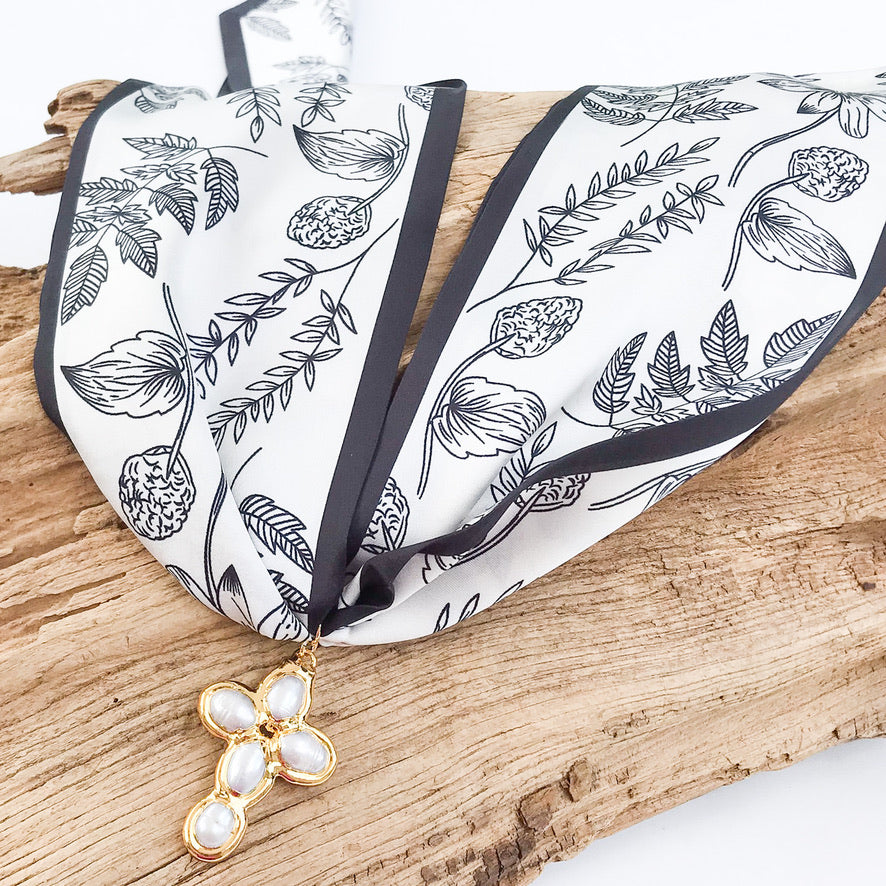 Potato Pearl Cross on Scarf Necklace
