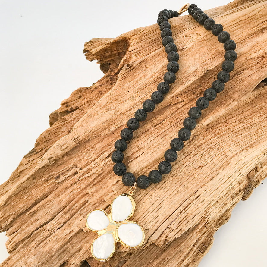 Pearl Clover Cross on 10MM Gemstone