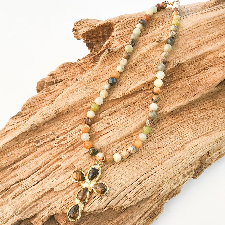 Gemstone Cross on 8mm Gemstone Necklace