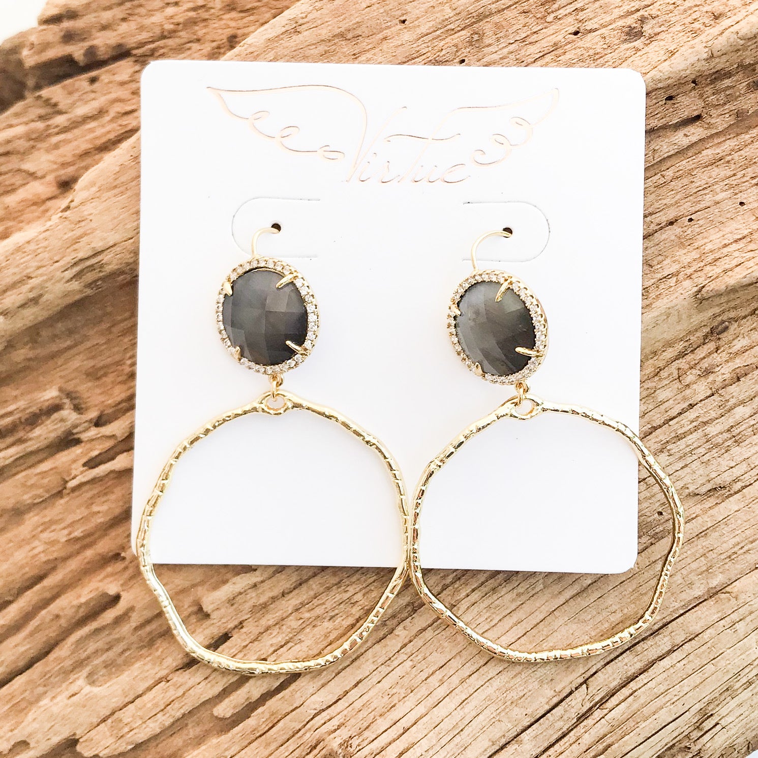 Gemstone Bezel Earrings w/ Branch Hoop