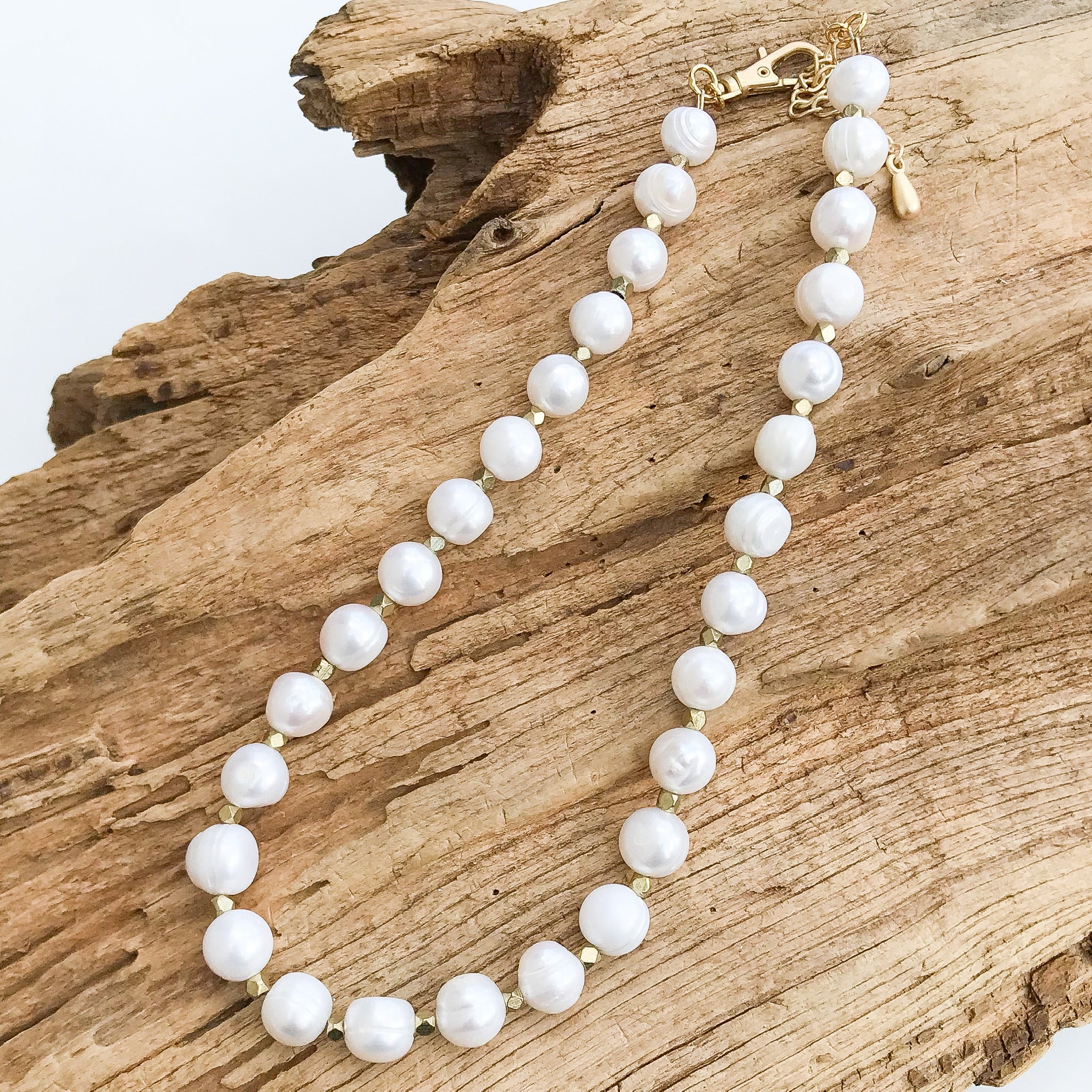 Potato Pearl Nugget Brass Necklace