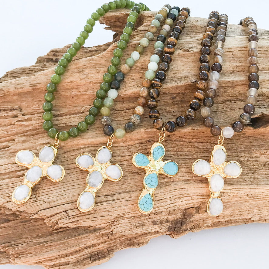 Gemstone Cross on 8mm Gemstone Necklace