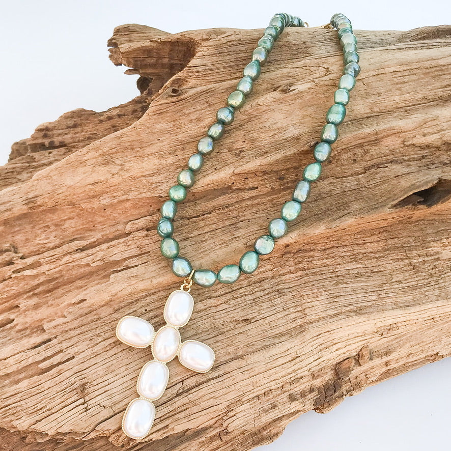 Puff Pearl Cross on Freshwater Pearl Necklace