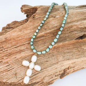 Puff Pearl Cross on Freshwater Pearl Necklace