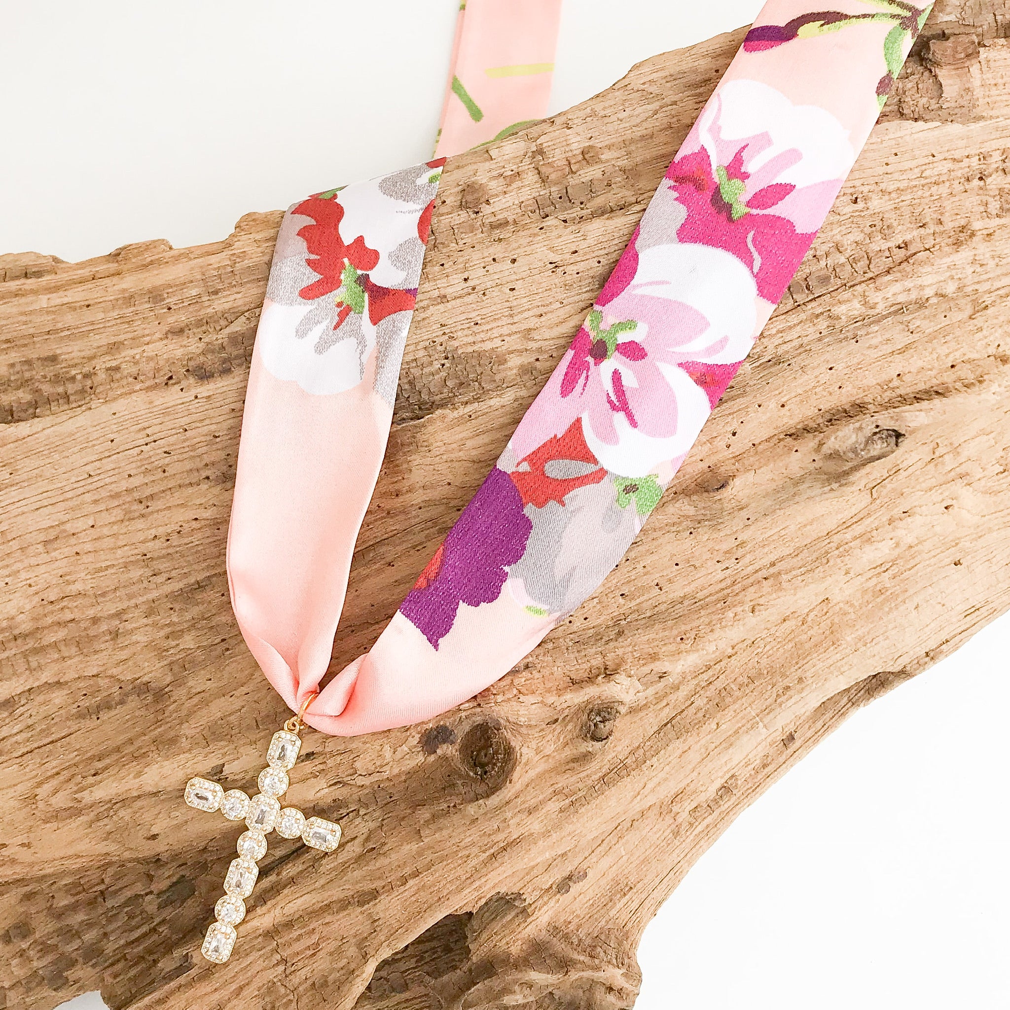 Large Rhinestone Cross on Scarf Necklace