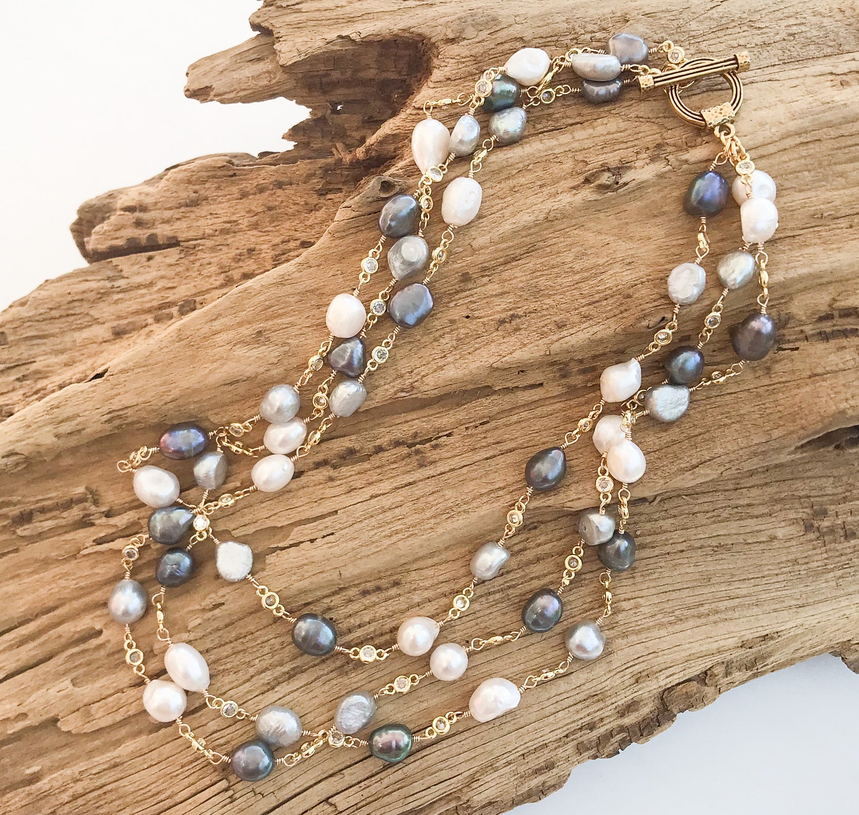 Pearl Bezel Rosary Triple Layer Statement Necklace