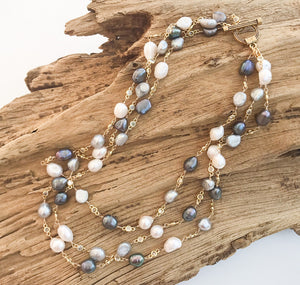 Pearl Bezel Rosary Triple Layer Statement Necklace
