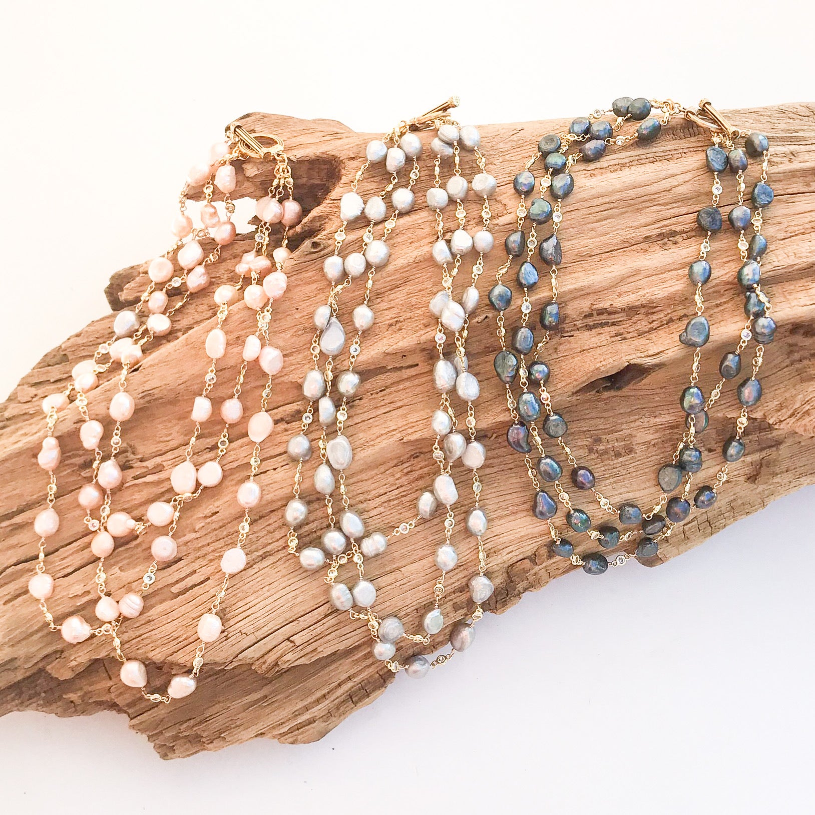 Pearl Bezel Rosary Triple Layer Statement Necklace