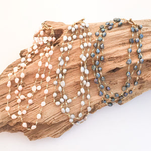 Pearl Bezel Rosary Triple Layer Statement Necklace
