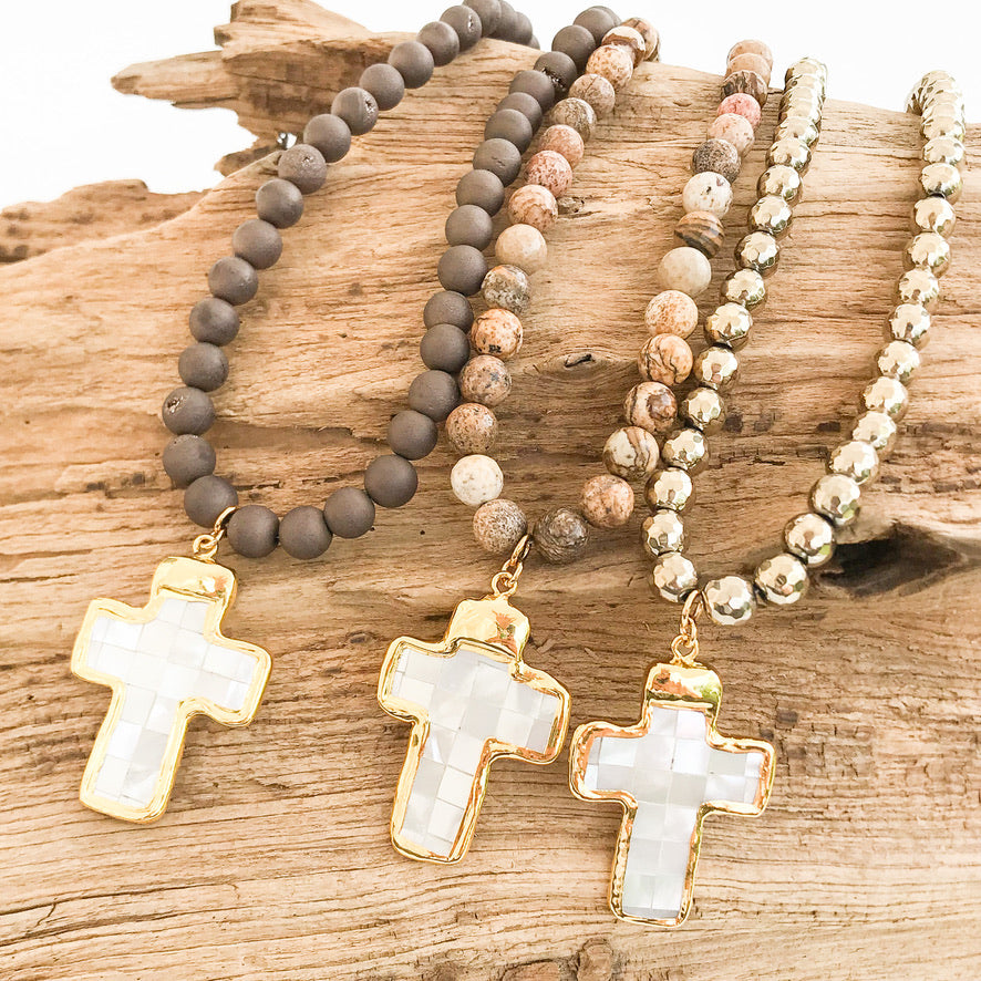 Abalone Cross on 8mm Gemstone