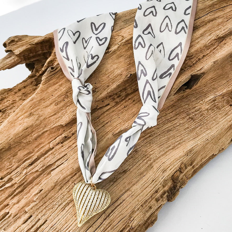 Ribbon CZ Heart On Scarf Necklace