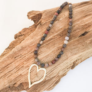 Gemstone Beaded Necklace w/ XL Heart