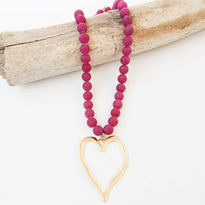 Gemstone Beaded Necklace w/ XL Heart
