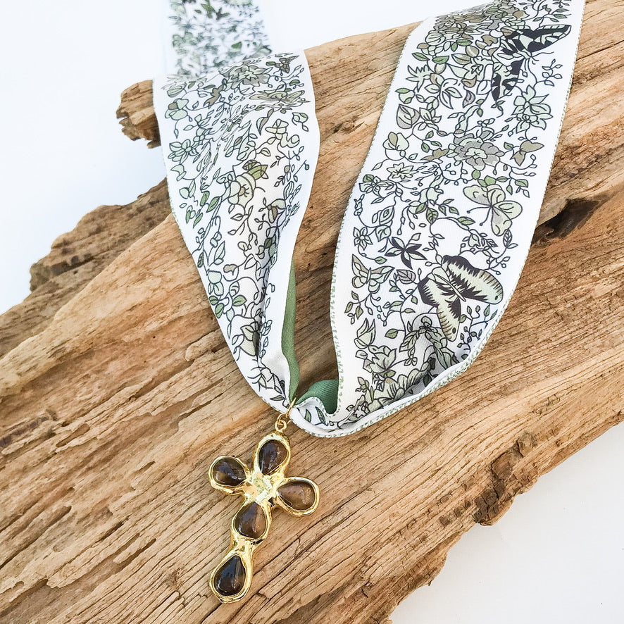 Gemstone Cross on Scarf Necklace
