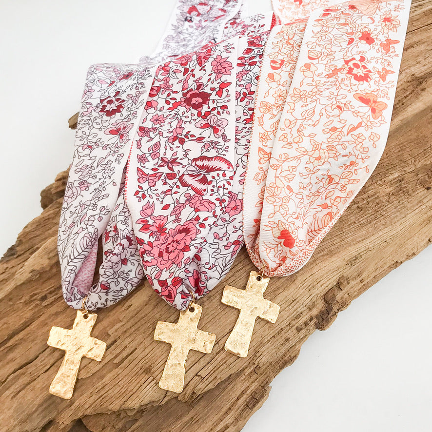 Hammered Cross on Scarf Necklace