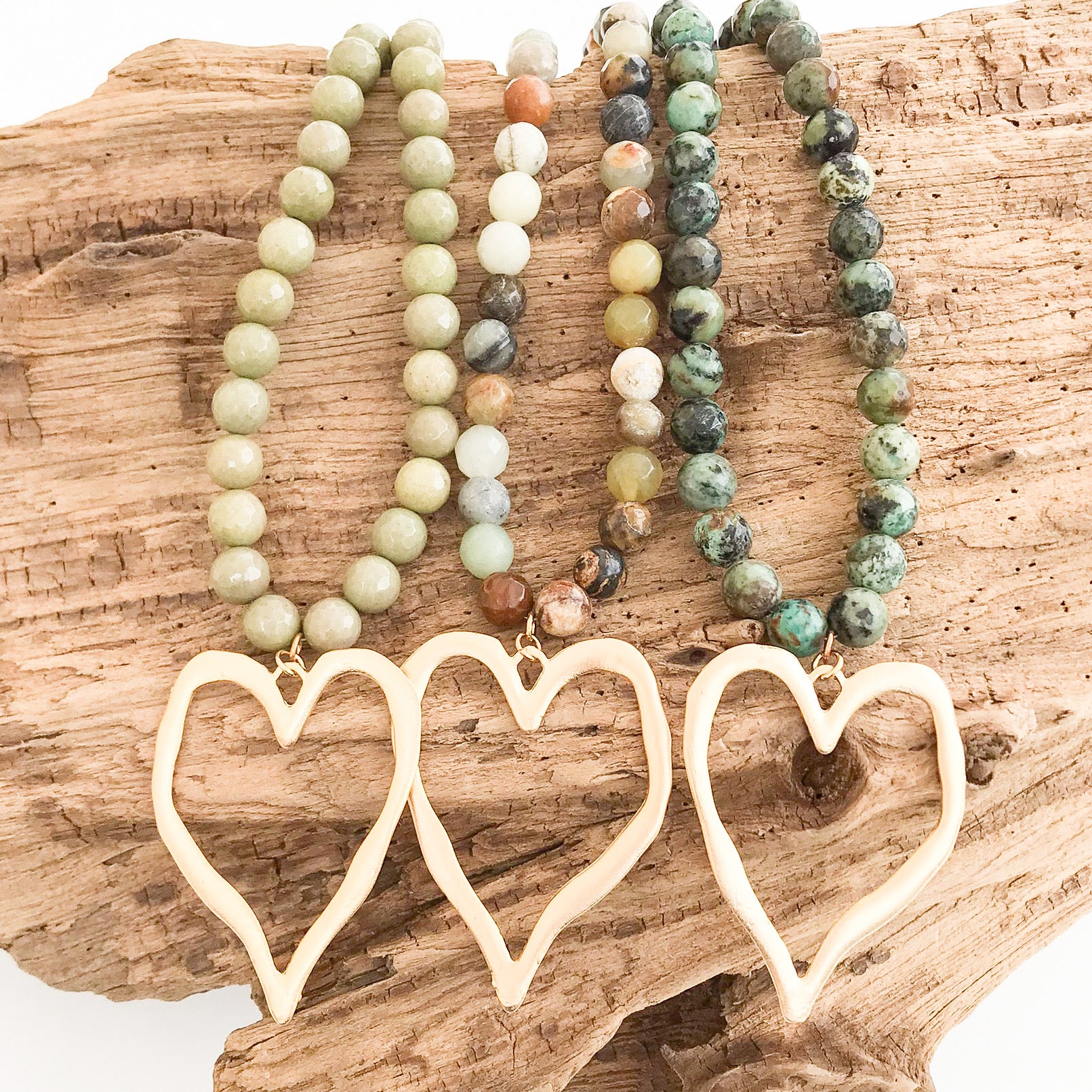 Gemstone Beaded Necklace w/ XL Heart