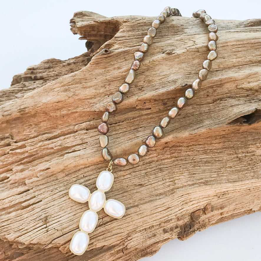Puff Pearl Cross on Freshwater Pearl Necklace