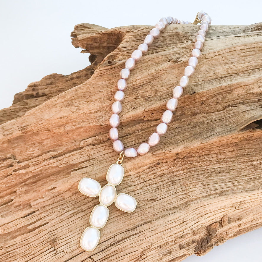 Puff Pearl Cross on Freshwater Pearl Necklace