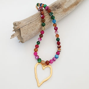 Gemstone Beaded Necklace w/ XL Heart