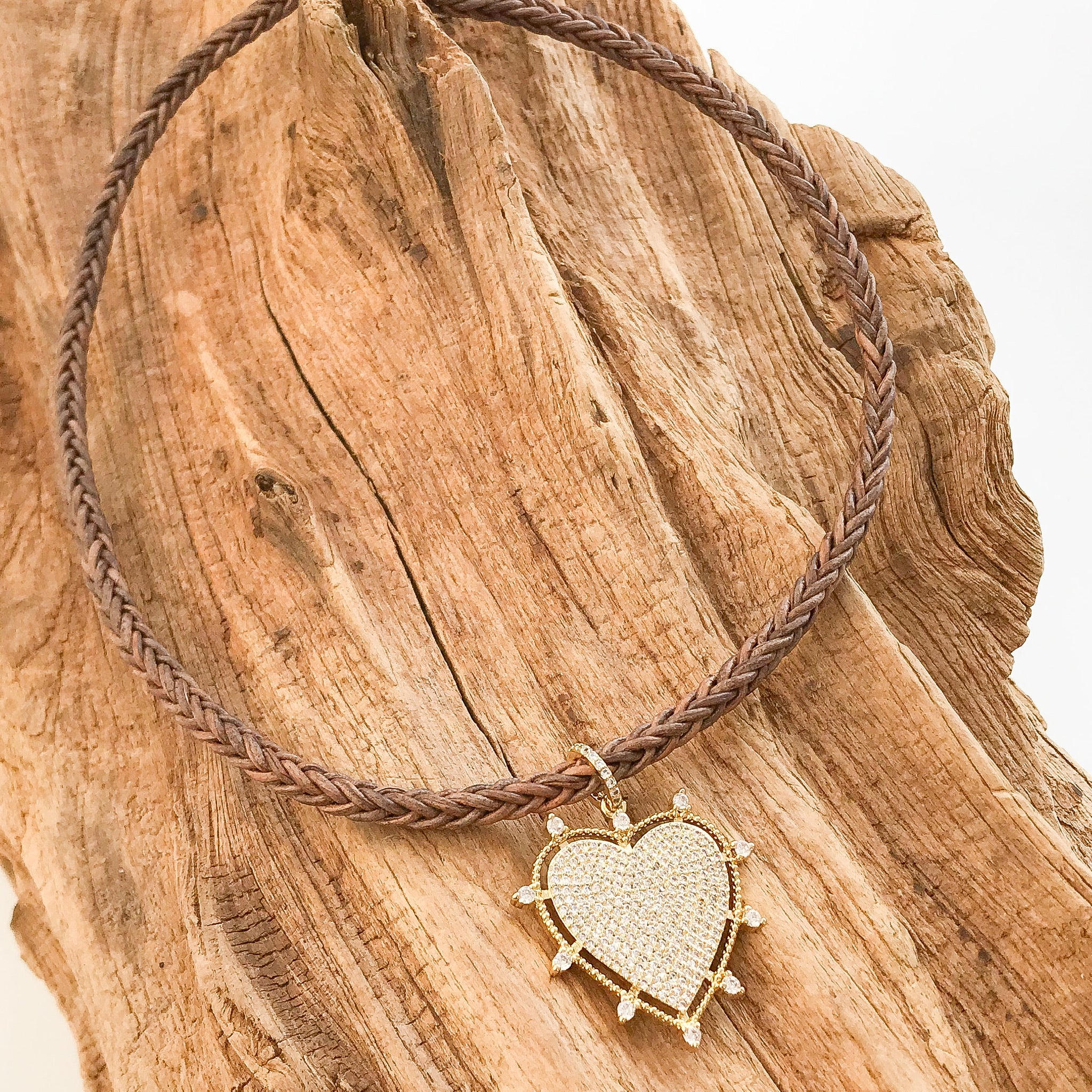 Rhinestone Studded Heart on Leather Necklace