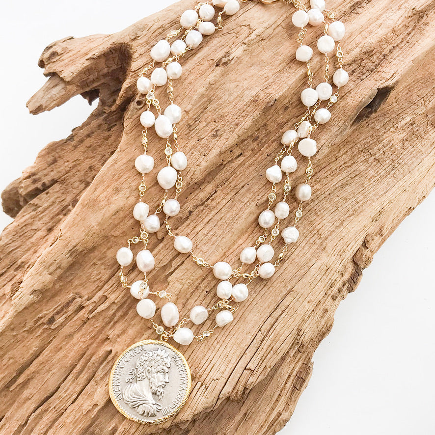 Vintage Coin on Triple Layer Pearl Bezel Rosary