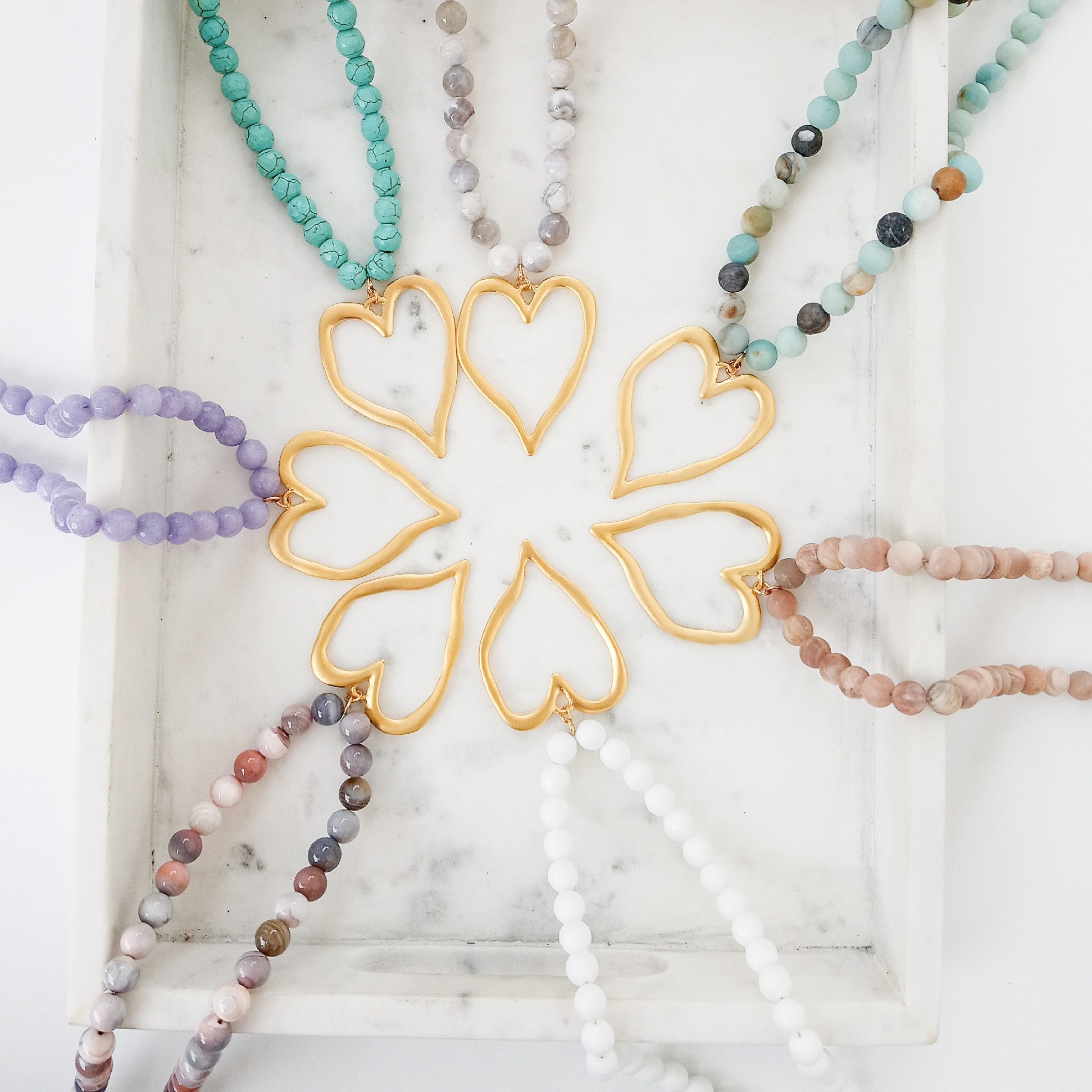 Gemstone Beaded Necklace w/ XL Heart