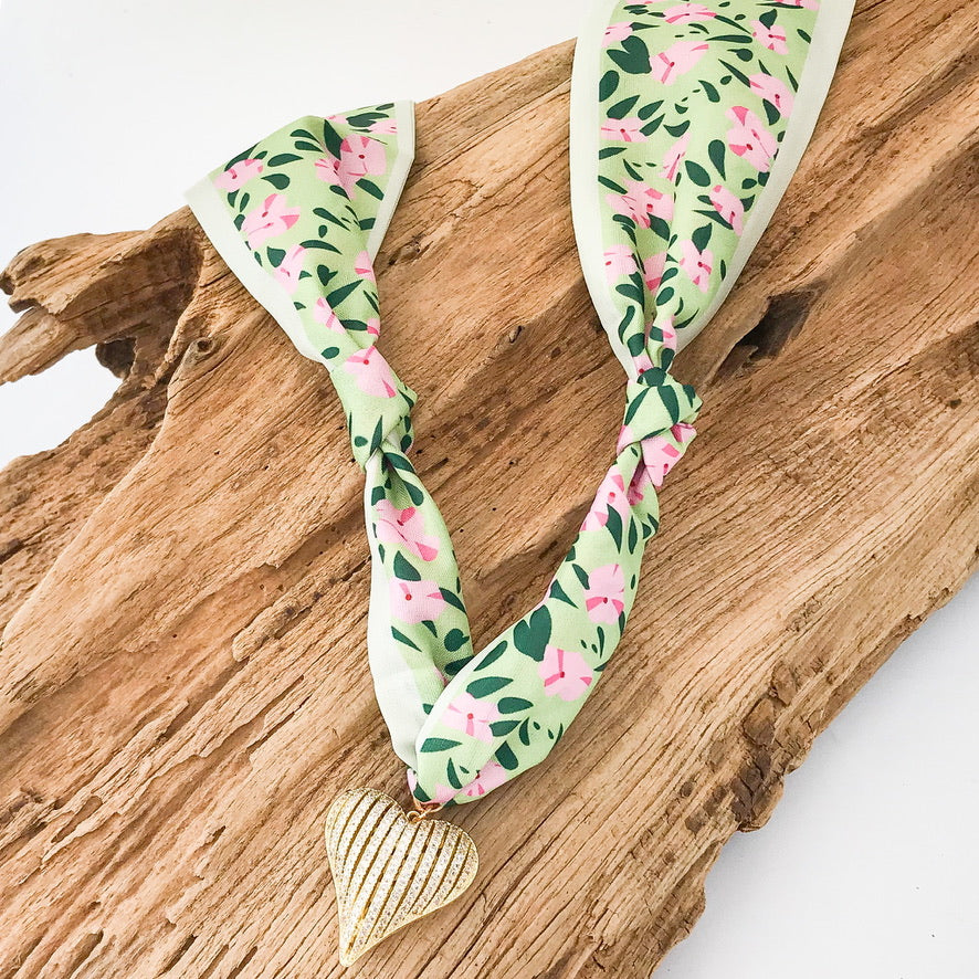 Ribbon CZ Heart On Scarf Necklace