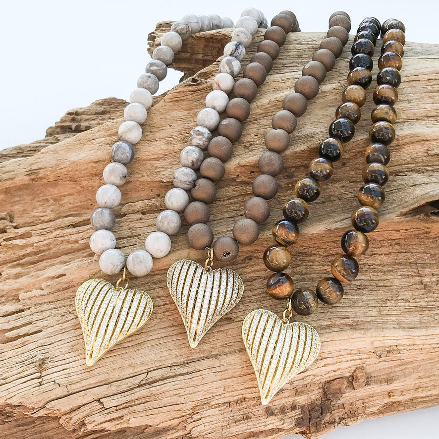 Ribbon Heart on 10mm Gemstone Necklace