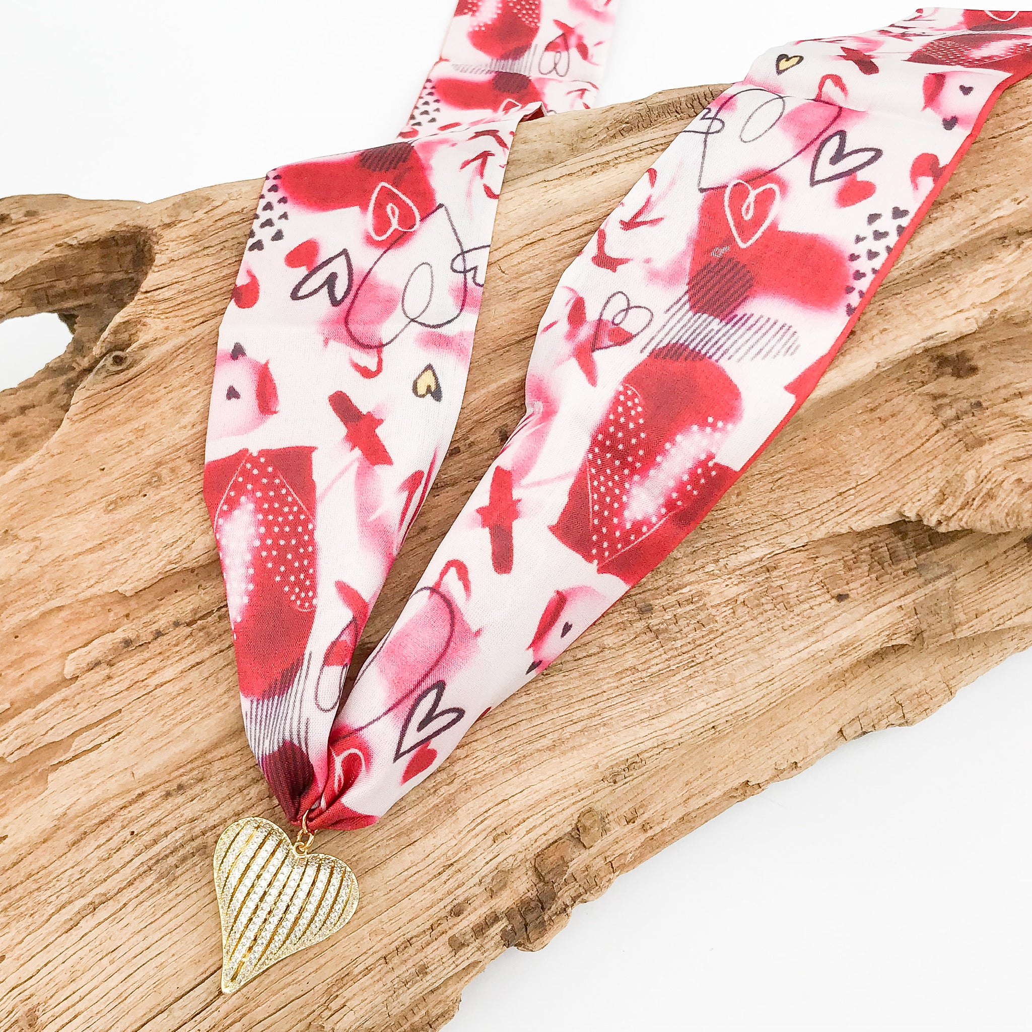 Ribbon CZ Heart On Scarf Necklace