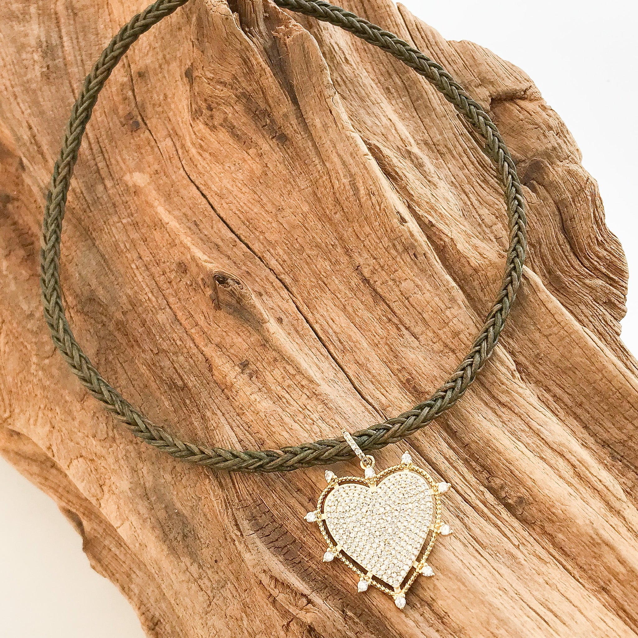 Rhinestone Studded Heart on Leather Necklace