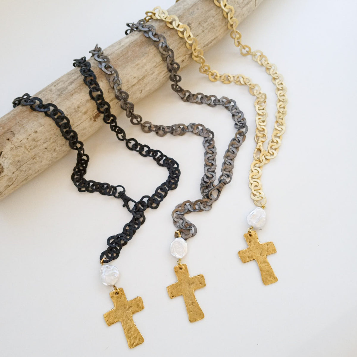 Adjustable Washer Chain w/ Hammered Cross & Pearl – Virtue Jewelry Design