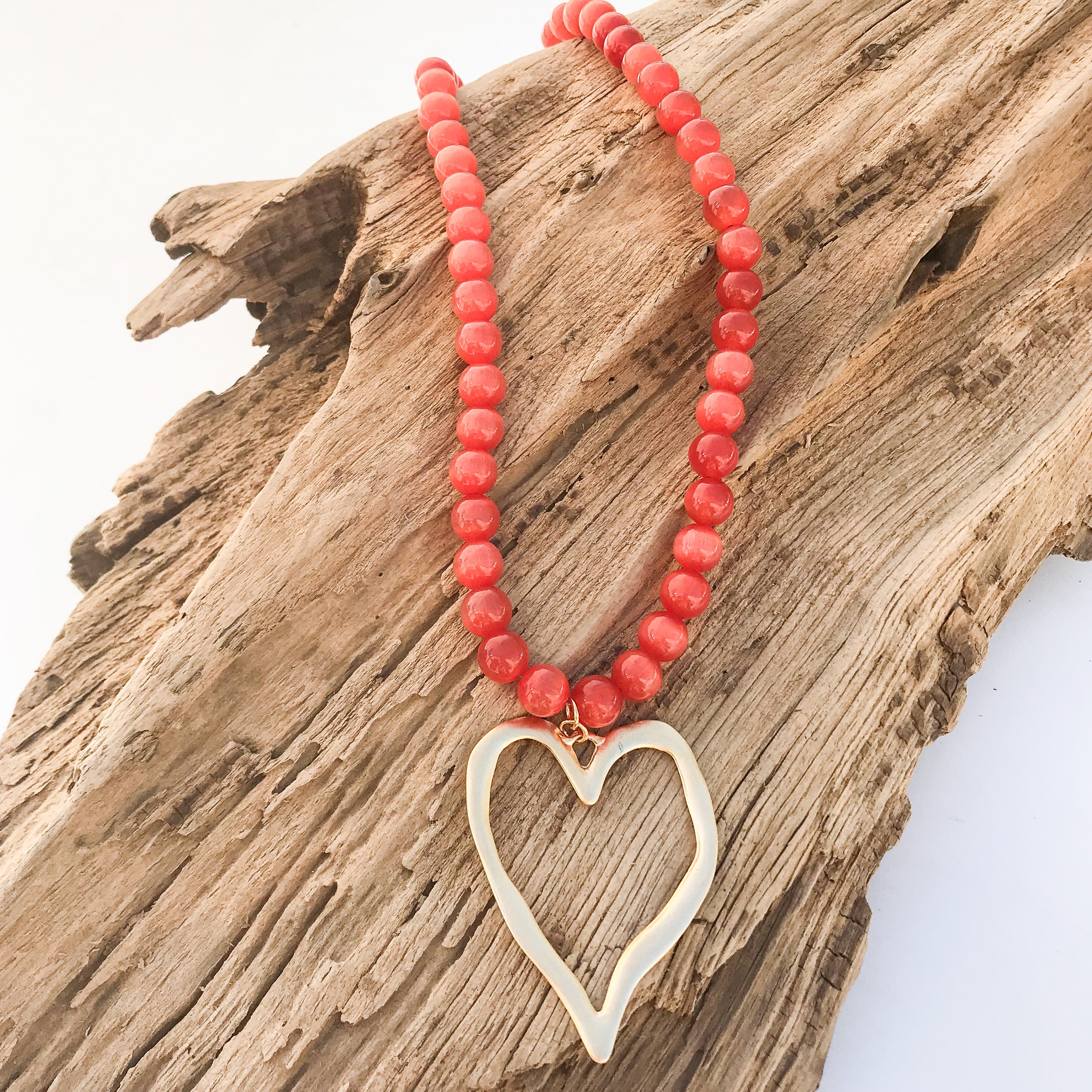 Gemstone Beaded Necklace w/ XL Heart
