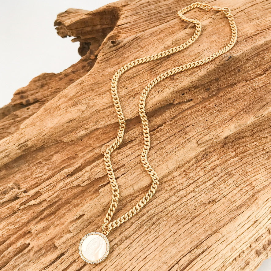 Petite Round Mary on Small Curb Necklace