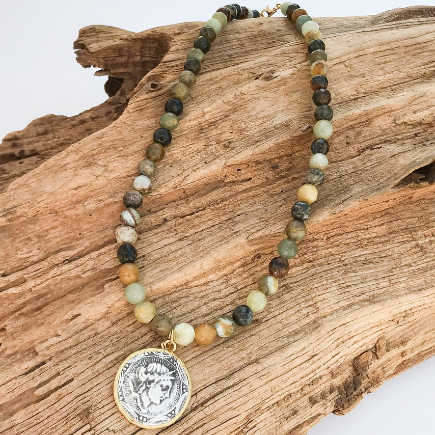 Vintage Coin on 8mm Gemstone Necklace