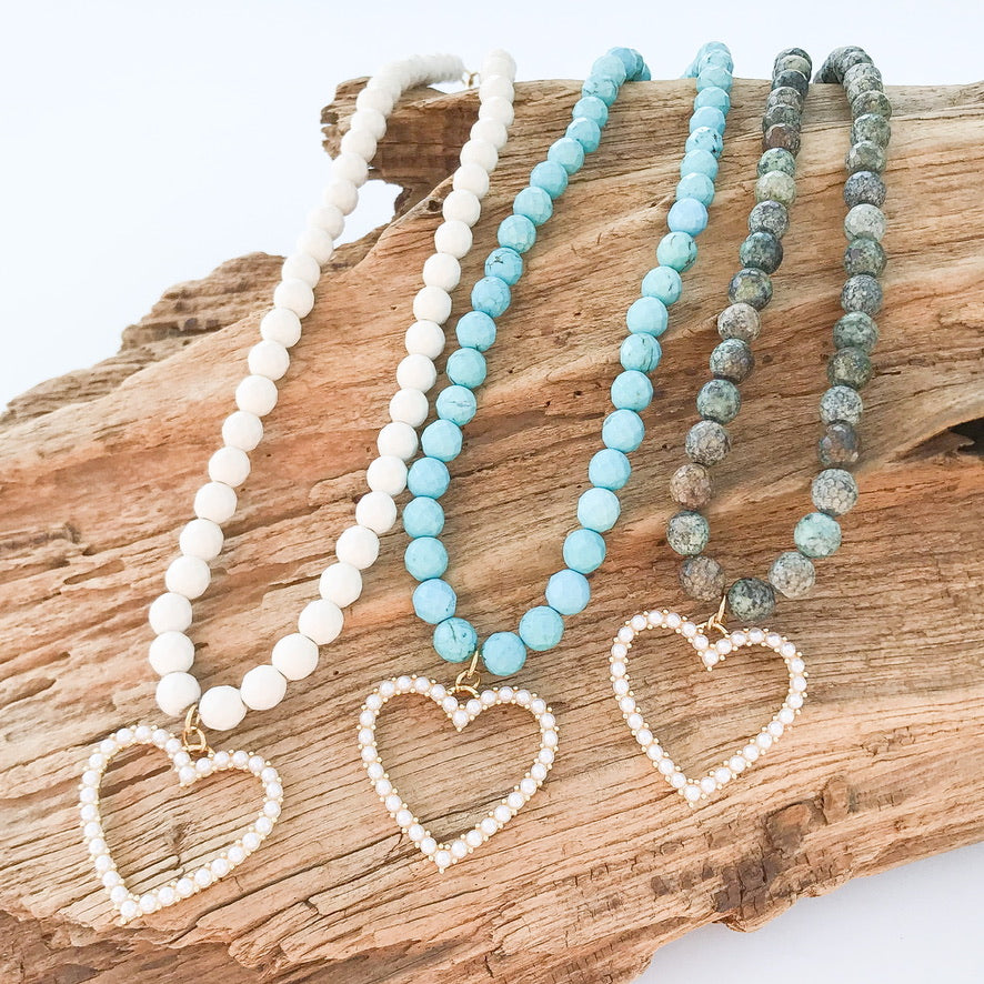 8mm Gemstone Necklace with Pearl Heart