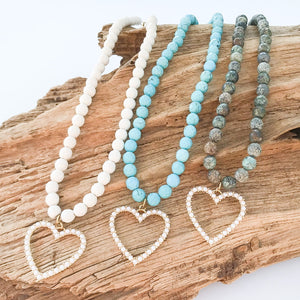 8mm Gemstone Necklace with Pearl Heart